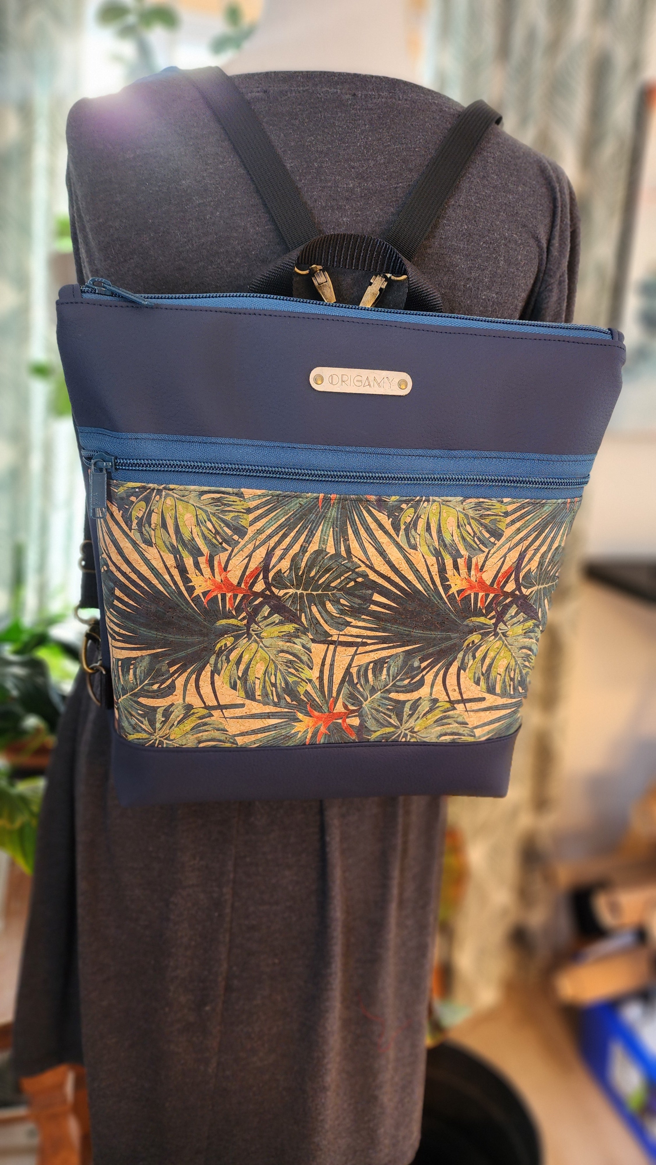 Sac Nini marine liège palmiers fleuris