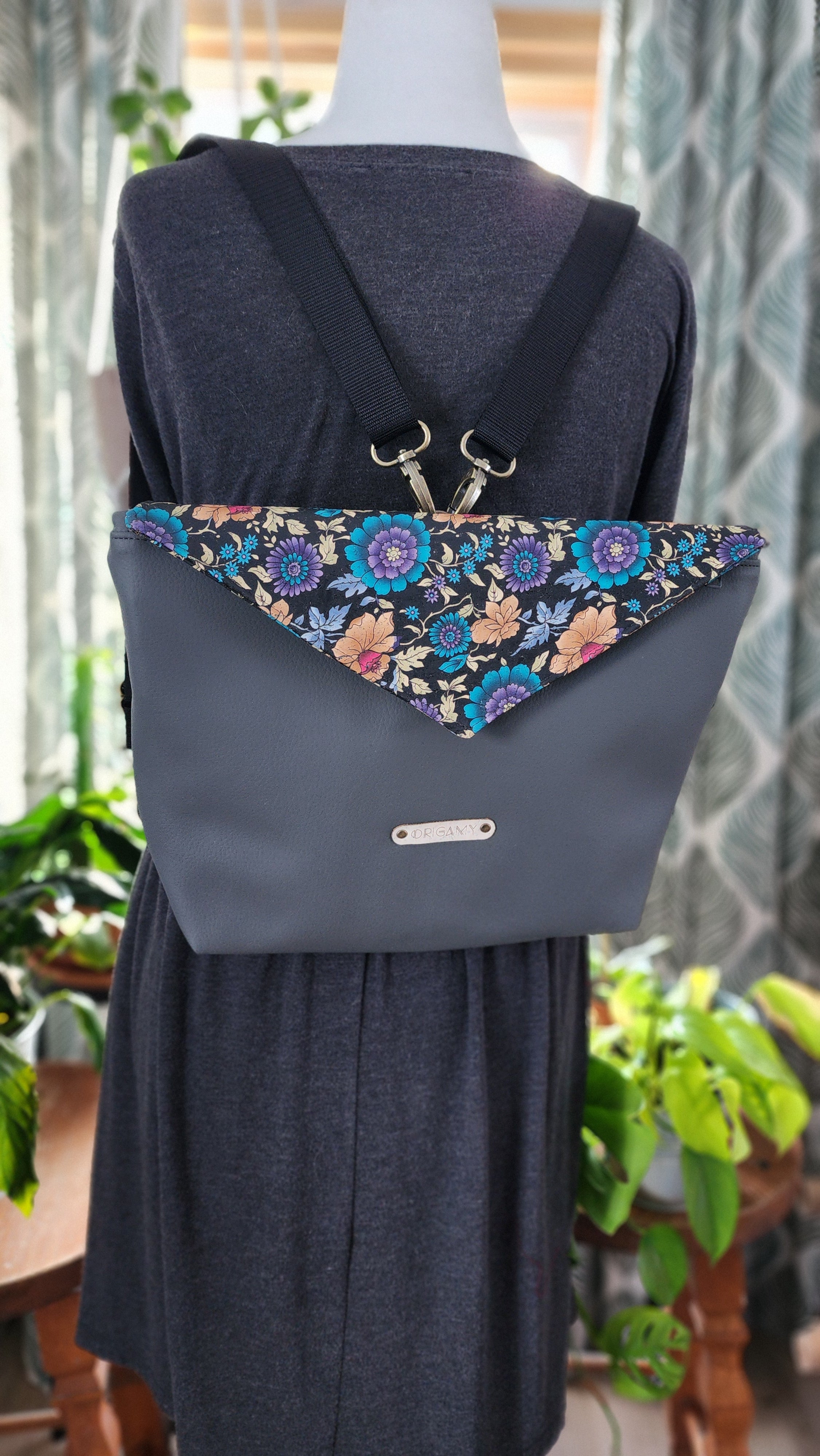 Sac Stella gris liège fleuris bleues